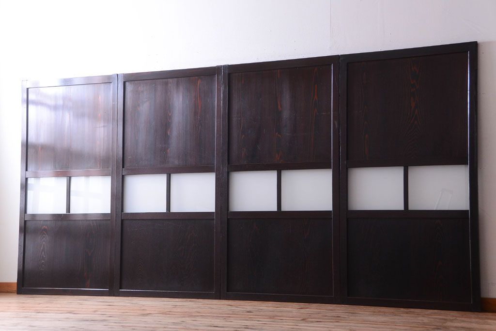 古民具・骨董　明治〜大正期　すりガラス帯の引き戸4枚セット(ガラス帯戸)