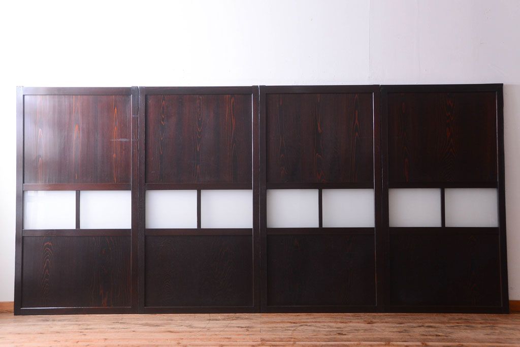 古民具・骨董　明治〜大正期　すりガラス帯の引き戸4枚セット(ガラス帯戸)