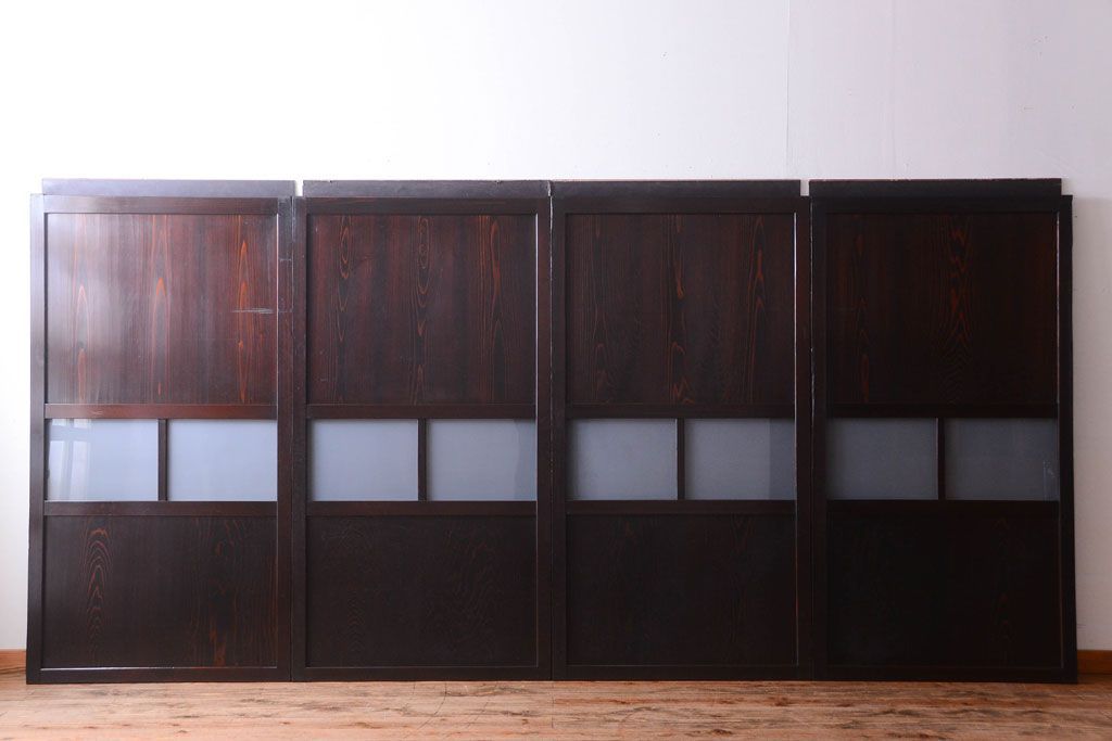 古民具・骨董　明治〜大正期　すりガラス帯の引き戸4枚セット(ガラス帯戸)