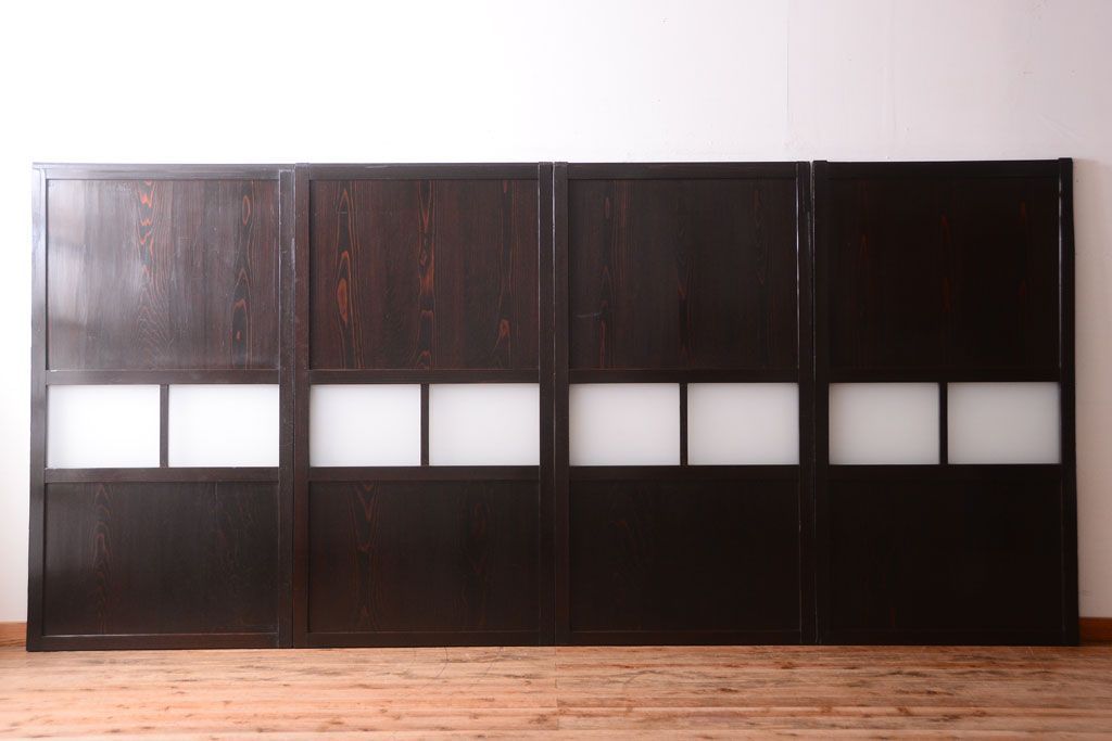 古民具・骨董　明治〜大正期　すりガラス帯の引き戸4枚セット(ガラス帯戸)