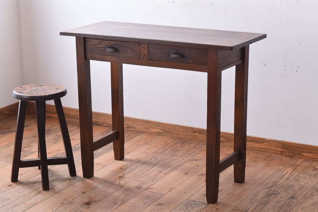 レトロ家具　昭和レトロ　古い木のシンプルな薄型平机(コンソールテーブル)