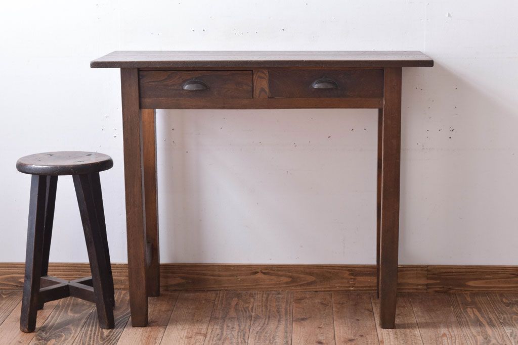 レトロ家具　昭和レトロ　古い木のシンプルな薄型平机(コンソールテーブル)