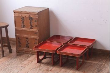 アンティーク雑貨　和製アンティーク 昭和十四年　輪島塗　桐蒔絵朱塗木膳4客セット(1)