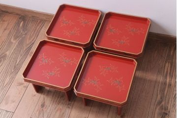アンティーク雑貨　和製アンティーク 昭和十四年　輪島塗　桐蒔絵朱塗木膳4客セット(1)