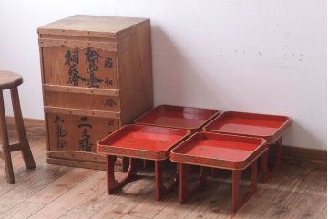 和製アンティーク 昭和十四年　輪島塗　桐蒔絵朱塗木膳4客セット(2)