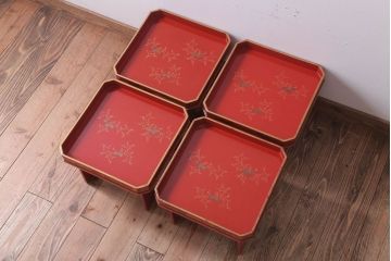 和製アンティーク 昭和十四年　輪島塗　桐蒔絵朱塗本膳4客セット
