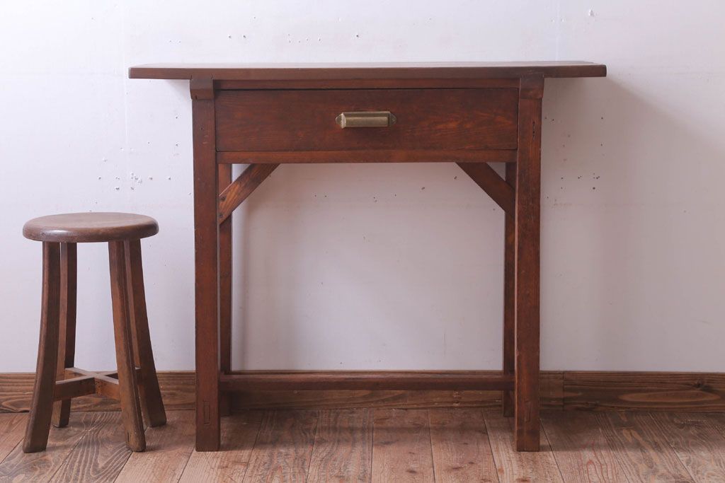 レトロ家具　昭和レトロ　古い木のシンプルな薄型サイドテーブル(平机・コンソールテーブル)