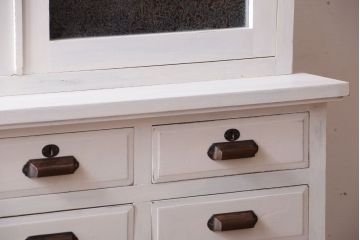 アンティーク家具　アンティークペイント　象嵌入り!結霜ガラス扉の古い食器棚(カップボード)