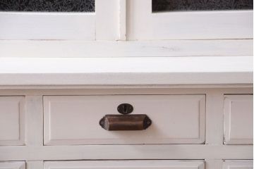 アンティーク家具　アンティークペイント　象嵌入り!結霜ガラス扉の古い食器棚(カップボード)