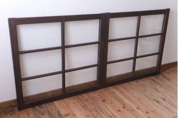 アンティーク　レトロな古い木味のガラス戸2枚セット(窓)