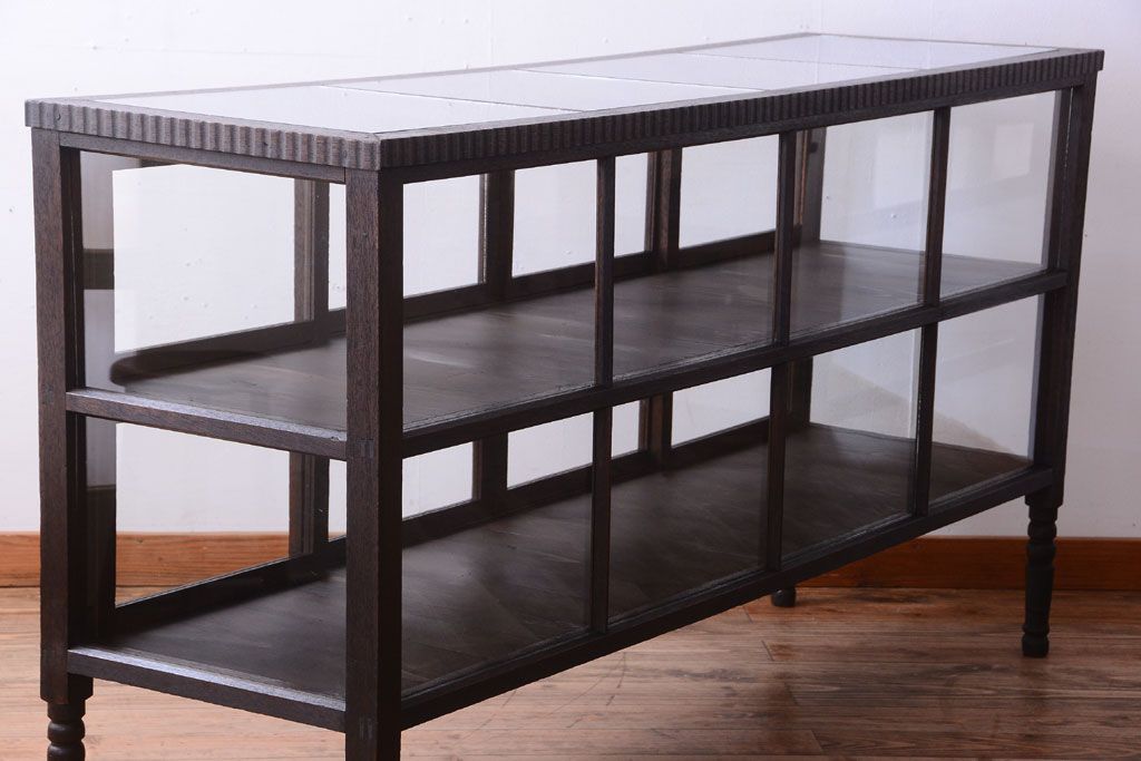 アンティーク家具　大正ロマン　古いタバコ屋のモダンな脚付きアンティークガラスケース(2)