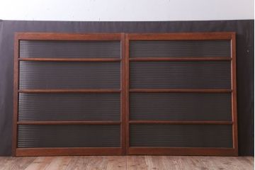 アンティーク　レトロな古い木味のモールガラス入り引き戸2枚セット(窓)