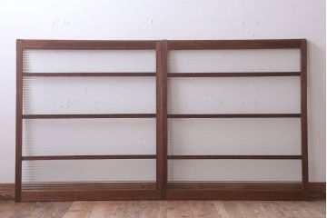 アンティーク　レトロな古い木味のモールガラス入り引き戸2枚セット(窓)