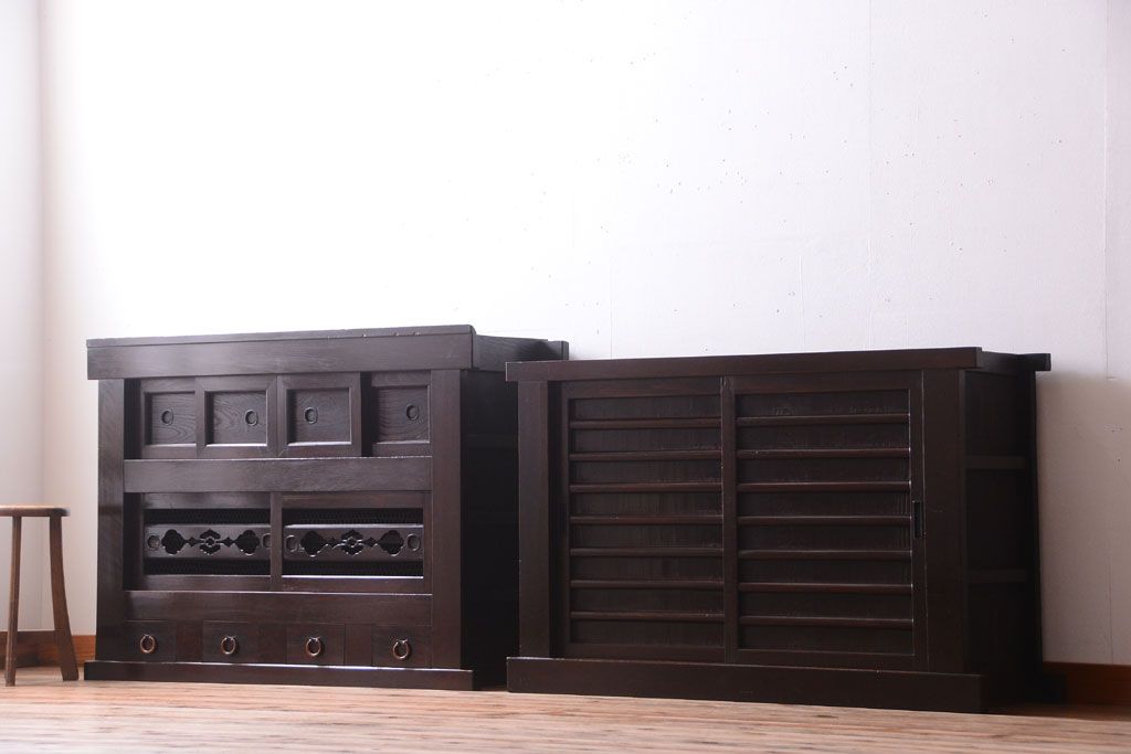 アンティーク家具　古民具・骨董　明治大正期　二段重ね四尺水屋箪笥