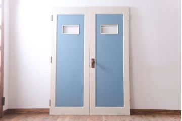 アンティークペイント　両開き　銀モールガラス入り!ドア2枚1対