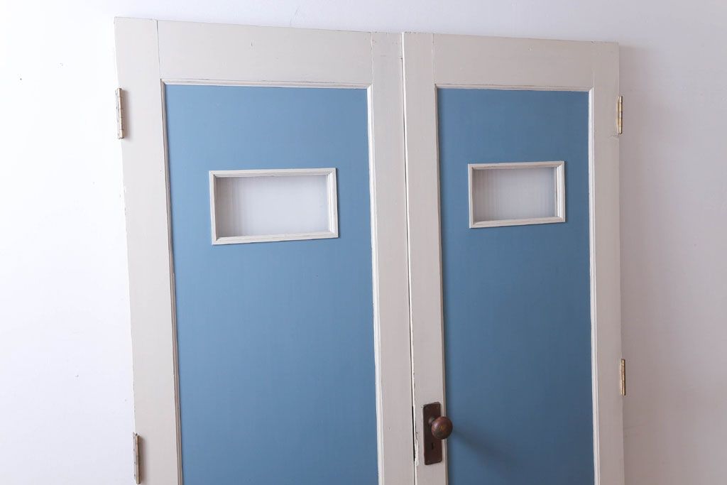 アンティークペイント　両開き　銀モールガラス入り!ドア2枚1対