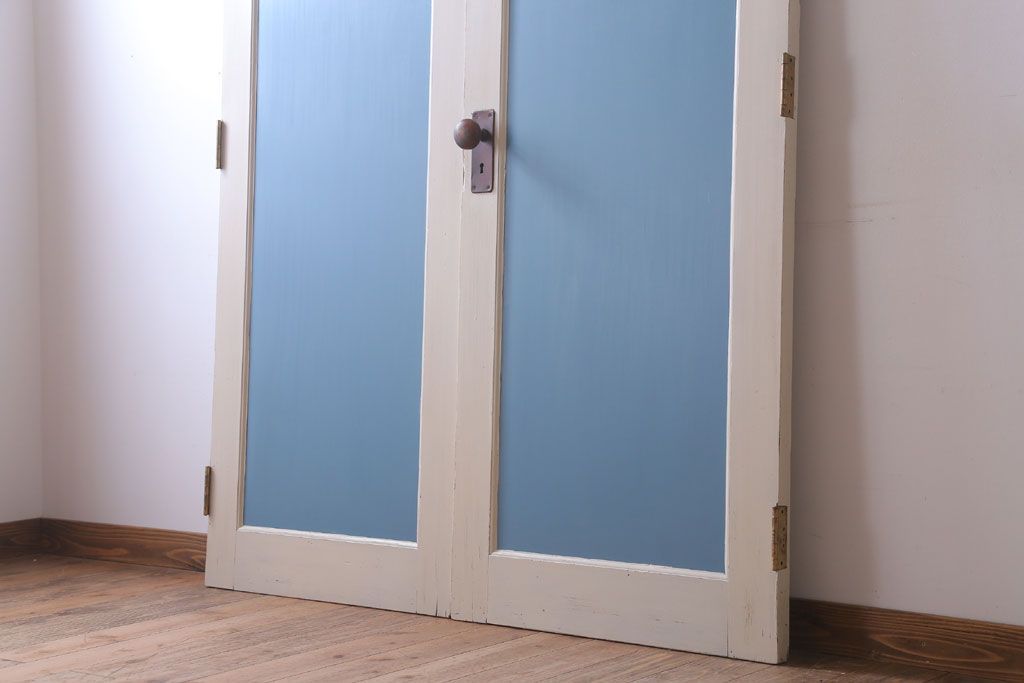 アンティークペイント　両開き　銀モールガラス入り!ドア2枚1対