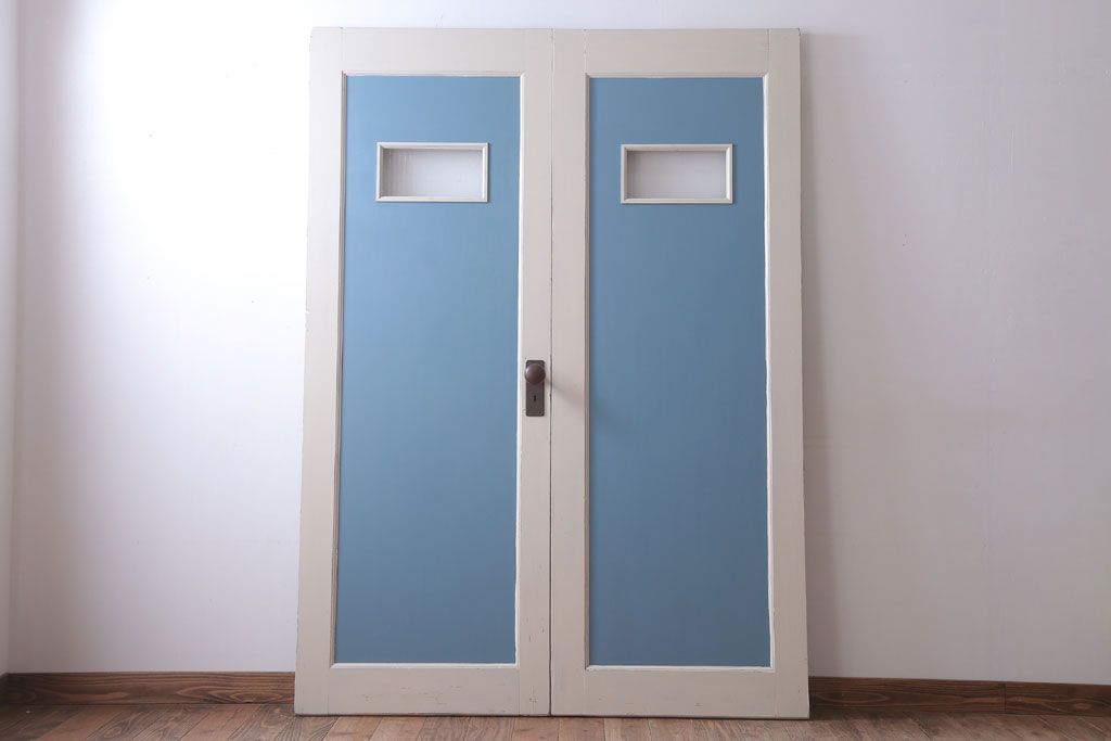 アンティークペイント　両開き　銀モールガラス入り!ドア2枚1対