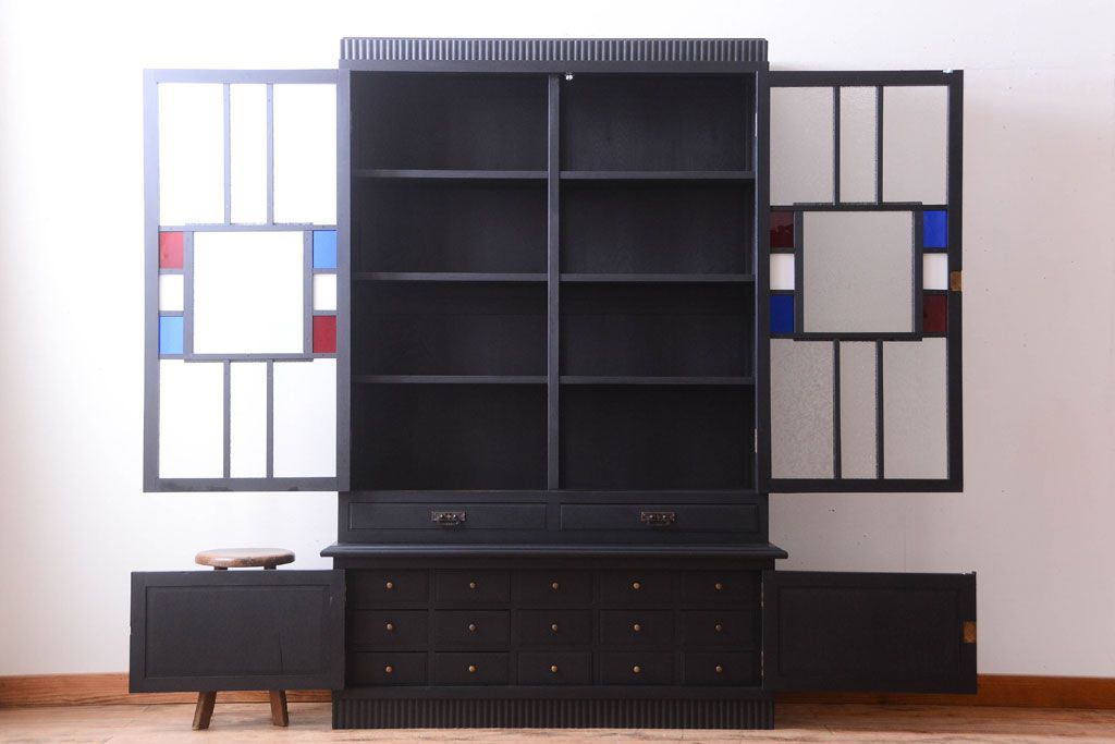 アンティーク家具　大正ロマン　色ガラス入り!特大アンティーク本箱(ブックケース)