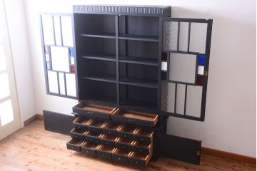 アンティーク家具　大正ロマン　色ガラス入り!特大アンティーク本箱(ブックケース)