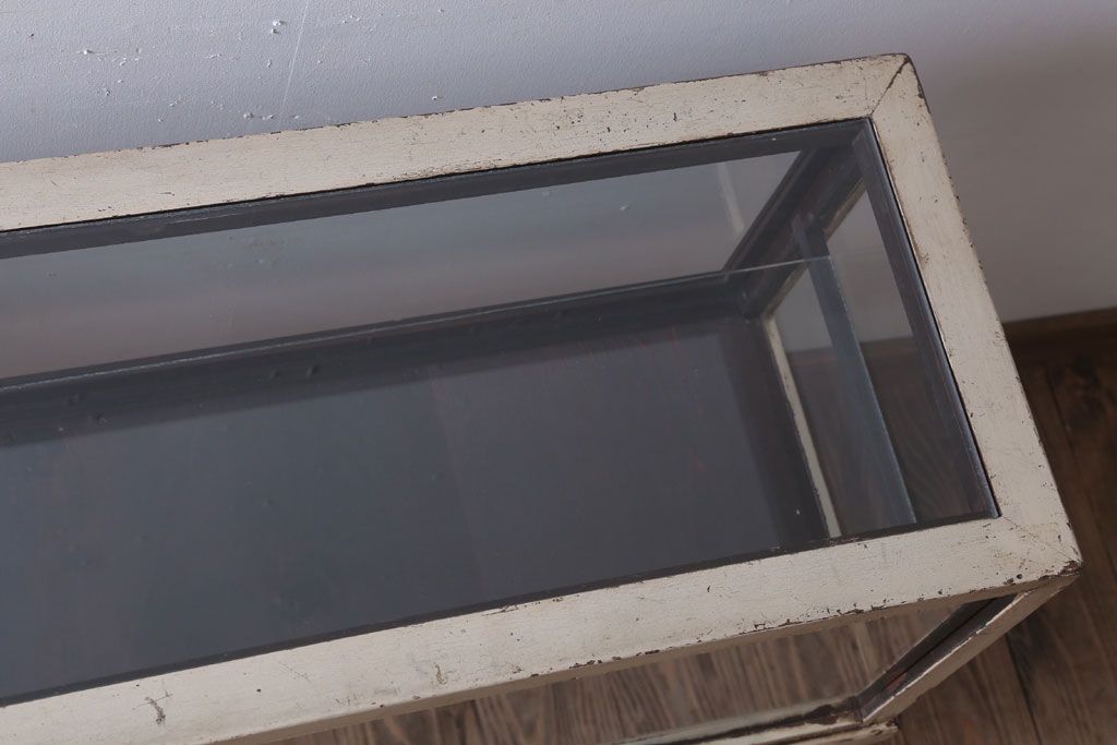 レトロ家具　和製アンティーク　鉄脚付き!レトロなオリジナルペイントの横長ガラスケース(ショーケース)