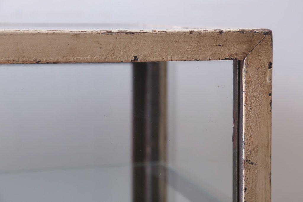 レトロ家具　和製アンティーク　鉄脚付き!レトロなオリジナルペイントの横長ガラスケース(ショーケース)