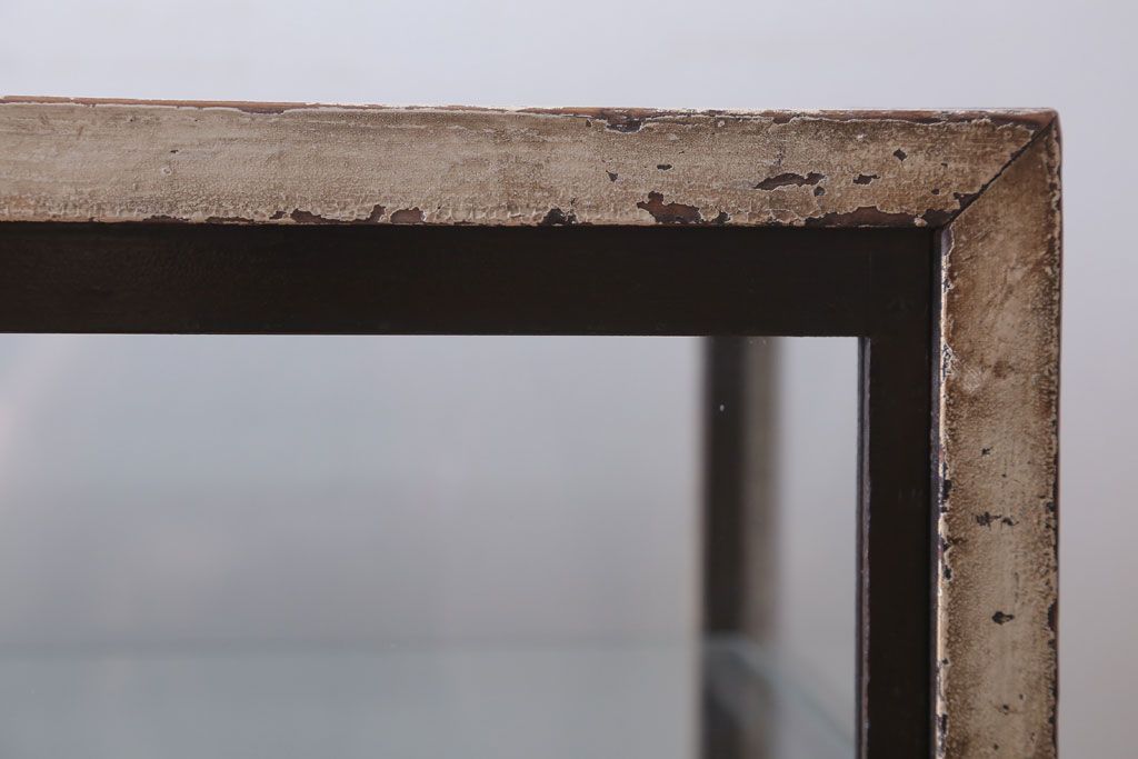 レトロ家具　和製アンティーク　鉄脚付き!レトロなオリジナルペイントの横長ガラスケース(ショーケース)