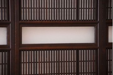 古民具・骨董　裏障子付き!ダイヤガラス帯の幅が狭いアンティーク格子戸4枚セット