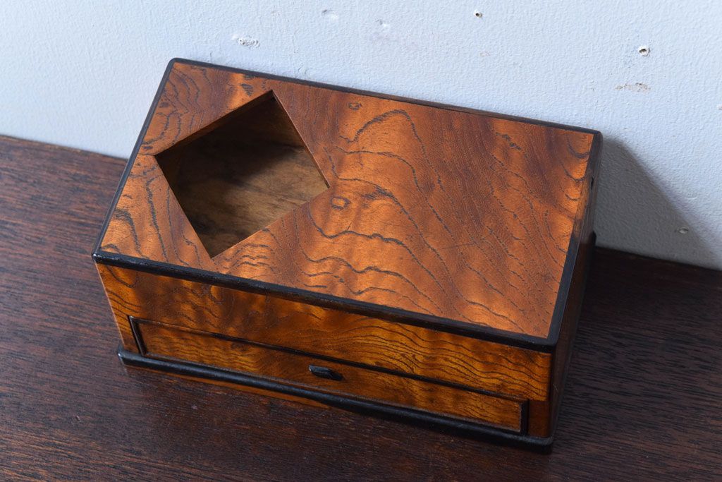 レトロ家具　昭和レトロ　黒柿材とタモ玉杢材!小物入れ(小箱)