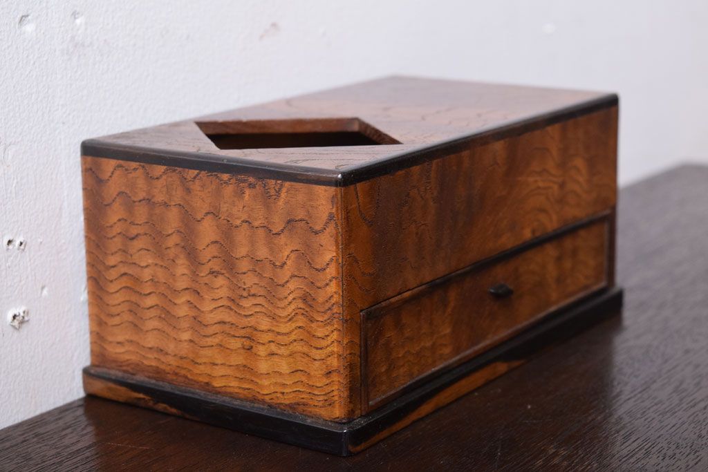 レトロ家具　昭和レトロ　黒柿材とタモ玉杢材!小物入れ(小箱)