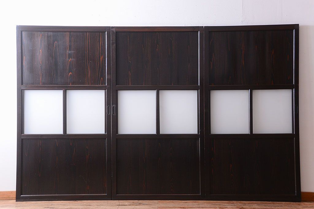 古民具・骨董 明治〜大正期　すりガラス帯の引き戸3枚セット(ガラス帯戸)