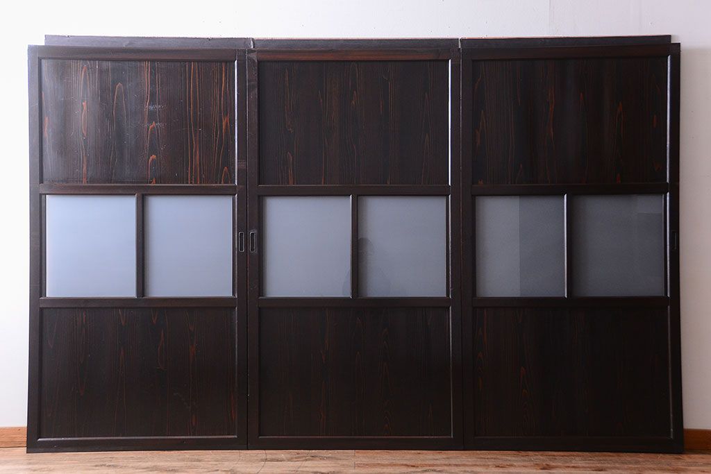 古民具・骨董 明治〜大正期　すりガラス帯の引き戸3枚セット(ガラス帯戸)