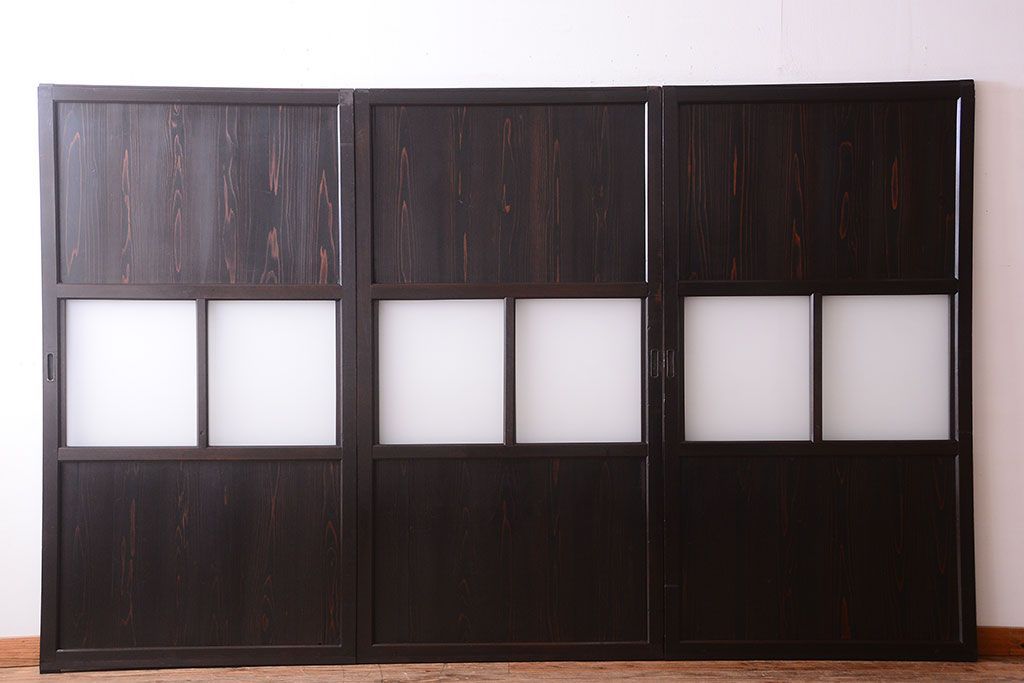 古民具・骨董 明治〜大正期　すりガラス帯の引き戸3枚セット(ガラス帯戸)