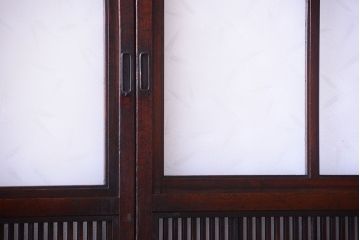 古民具・骨董 裏障子付き!腰板欅材の変わり型レトロガラス帯格子戸