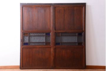 大正ロマン　古い木の当時物色ガラス入りガラス帯戸2枚セット