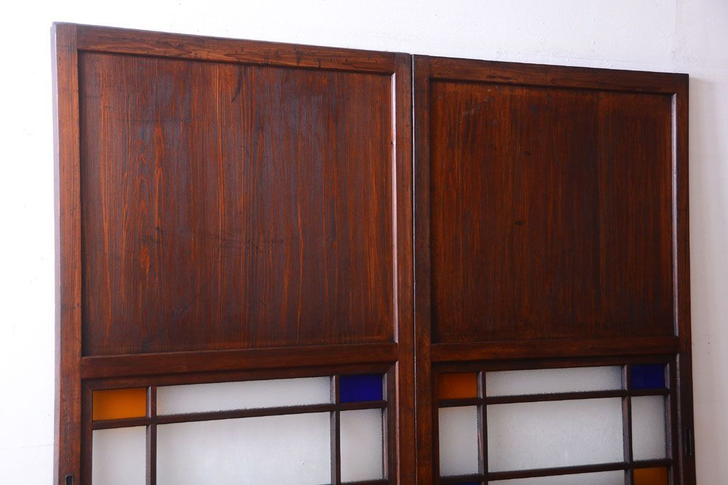 大正ロマン　古い木の当時物色ガラス入りガラス帯戸2枚セット