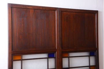 大正ロマン　古い木の当時物色ガラス入りガラス帯戸2枚セット