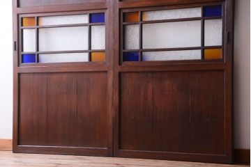 大正ロマン　古い木の当時物色ガラス入りガラス帯戸2枚セット