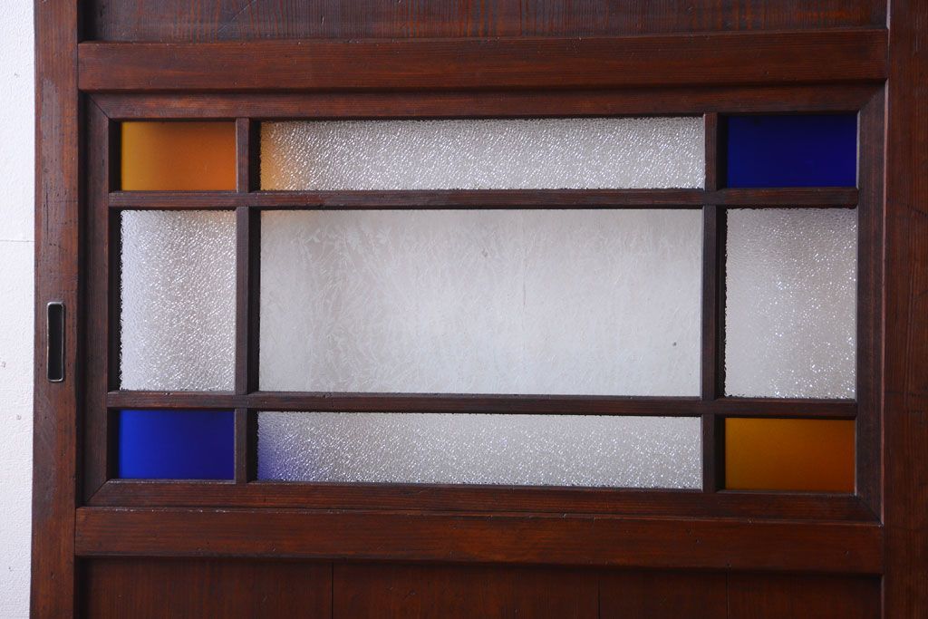 大正ロマン　古い木の当時物色ガラス入りガラス帯戸2枚セット