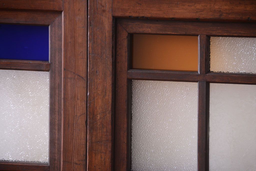 大正ロマン　古い木の当時物色ガラス入りガラス帯戸2枚セット