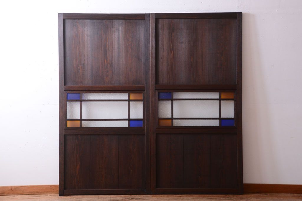 大正ロマン　古い木の当時物色ガラス入りガラス帯戸2枚セット