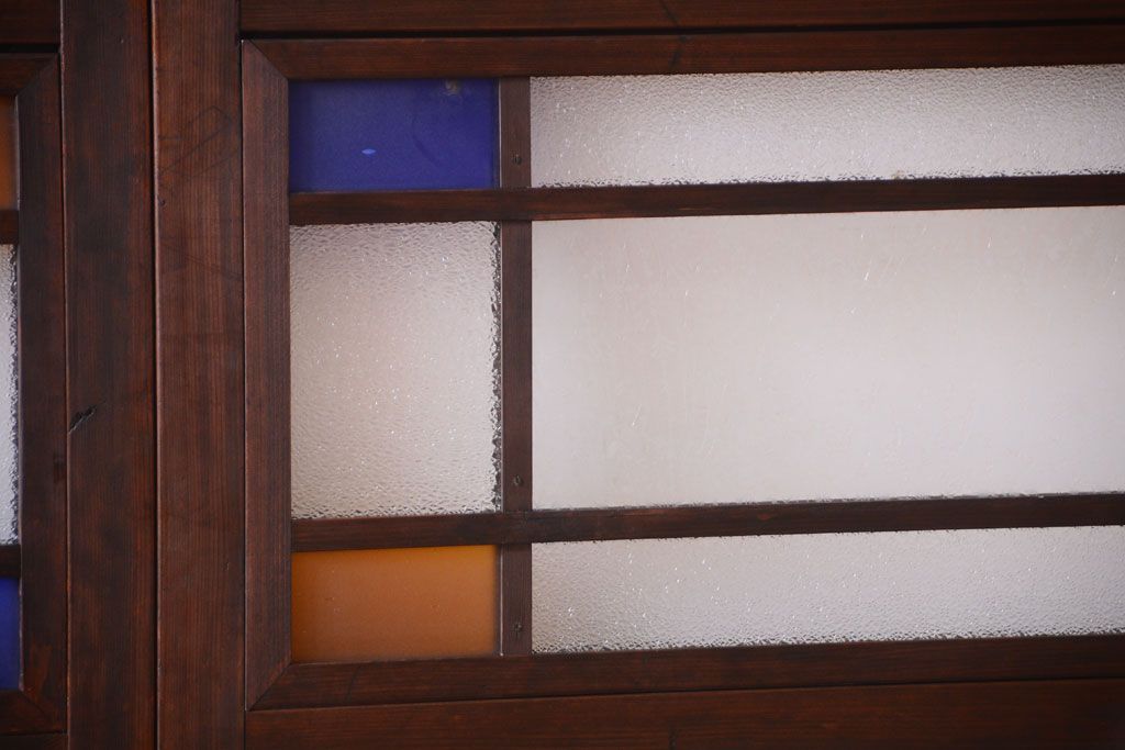 大正ロマン　古い木の当時物色ガラス入りガラス帯戸2枚セット