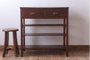 レトロ家具　昭和レトロ　棚・引き出し付き!古い木製の平机(デスク・作業台)