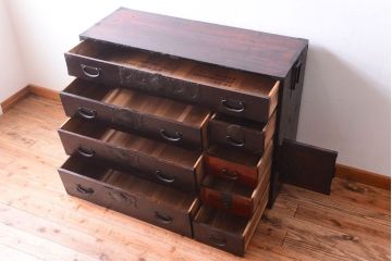 アンティーク家具　古民具・骨董　明治　前面栗材　味わい深いアンティーク仙台箪笥