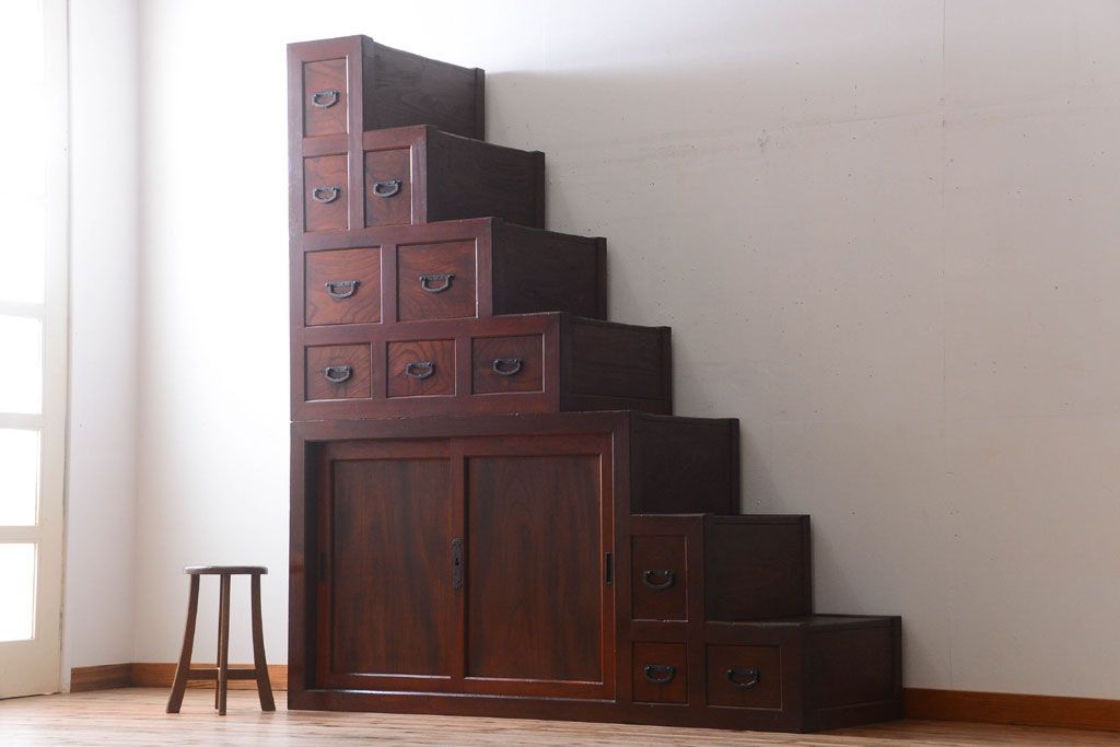 アンティーク家具　古民具・骨董　明治　前面欅材のアンティーク階段箪笥