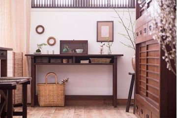 レトロ家具　昭和レトロ　シンプル!古い木の横長平机(3)(コンソールテーブル)