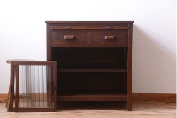 レトロ家具　昭和レトロ　古い木のモールガラス戸収納棚(サイドキャビネット)