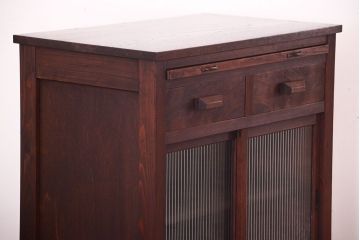 レトロ家具　昭和レトロ　古い木のモールガラス戸収納棚(サイドキャビネット)