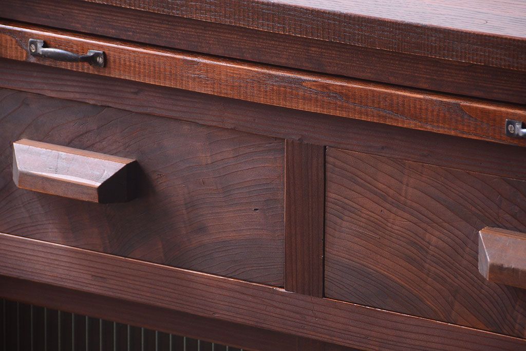 レトロ家具　昭和レトロ　古い木のモールガラス戸収納棚(サイドキャビネット)