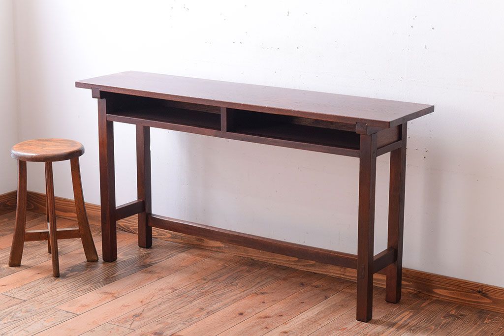 レトロ家具　昭和レトロ　古い木のシンプルな横長平机(コンソールテーブル)